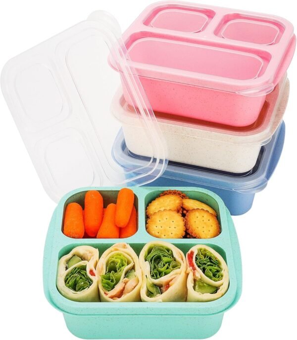Bento Box for Kids (4 Pack) - Snack Containers - Bento Snack Boxes 3-Compartment Food Containers for School, Work and Travel, Meal Prep Containers Reusable, Lunchable Container for Kids and Adults