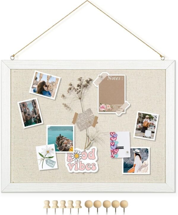 DOLLAR BOSS Bulletin Boards with Linen 1-Pack 16''X 12'' Double-Sided Cork Board for Walls Wood Framed Bulletin Boards, Small Pin Board for Home Kitchen Office Decorative Hanging 10 Pushpins