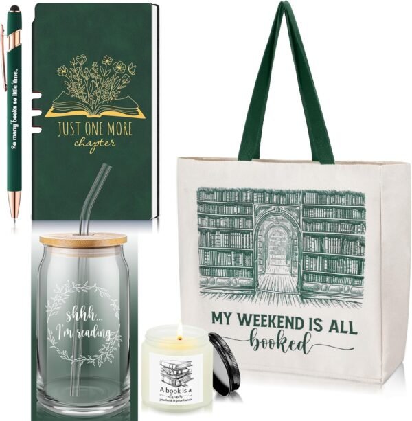 Set of 5 Book Lovers Gifts for Women 16oz Drinking Glass Scented Candle Canvas Tote Bag A6 Journal with Ballpoint Pen for Reader Librarian Bookish Student Teacher Birthday Gifts(Green)