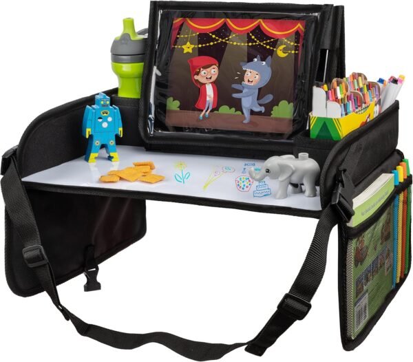 Lusso Gear Kids Travel Tray for Car - Road Trip Essentials for Kids - Car Seat Tray for Kids Travel - Toddler Travel Lap Desk and Organizer - Holds Snacks, Water Bottle, Toys (Black)