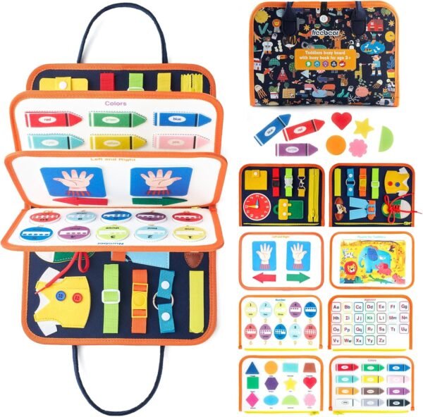 Freebear Busy Board, Toddler Travel Toys, Sensory Toys for Toddlers 2 3 4, Montessori Learning Toys for Toddlers Activities Board, Educational Toys for 2 3 Year Old Boys Girls Gift, Dark Blue Medium