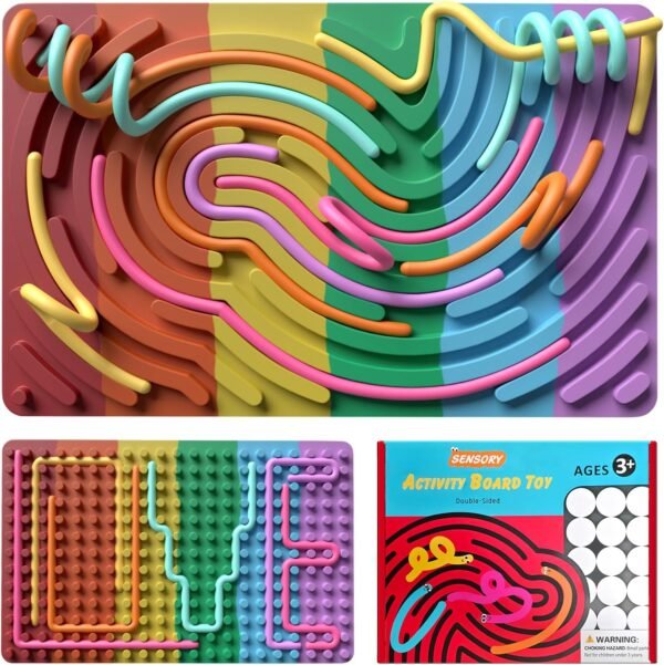 Sensory Fidget Toys for Kids,Silicone Sensory Activity Board for Stress, Anxiety, ADHD & Autism, Soft Worry Toys for Calm Down Corner Supplies,Play Therapy ,Portable Travel Bag & 15 Strings(Rainbow)