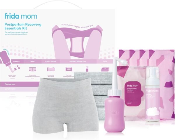 Frida Mom 11pc Postpartum Essentials Kit Gift Set, Hospital Bag Must Haves for New Mom, Includes 4 Disposable Postpartum Underwear, 4 Ice Maxi Pads, Perineal Healing Foam & 24 Pad Liners & Peri Bottle