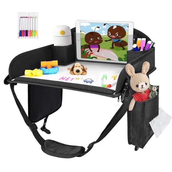 Kids Travel Tray, Travel Tray for Kid, Toddler Road Trip Essentials with Drawing Kit, Car Seat Trays for Toddler, Black