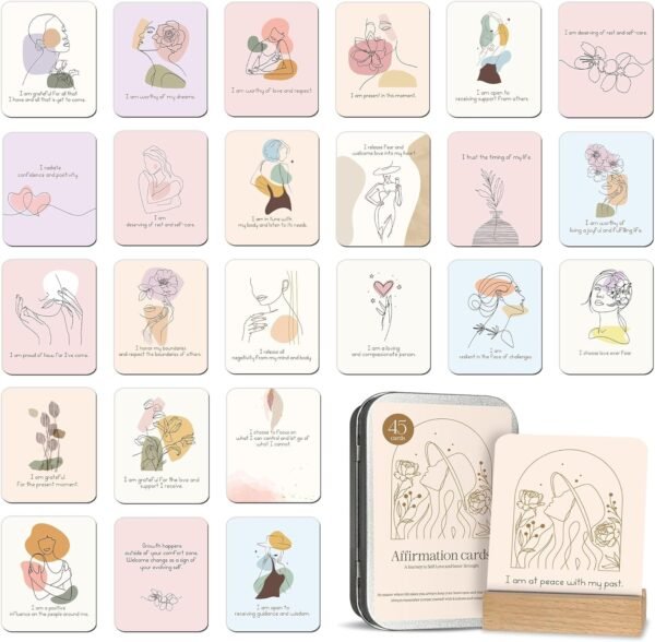 Positive Affirmations Cards for Women - 45 Motivational Cards with Inspirational Quotes - Daily Affirmations for Women - Inspirational Cards with Display Stand & Metal Box - Best Affirmation Gifts for Woman