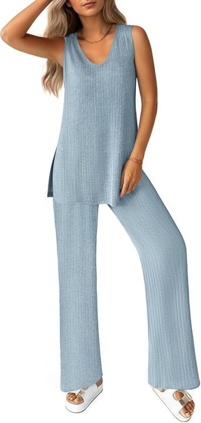 Ekouaer Women's 2 Piece Lounge Set 2025 Summer Matching Sets Sleeveless V-neck Tank Top Long Pants Pajamas Knit Outfits