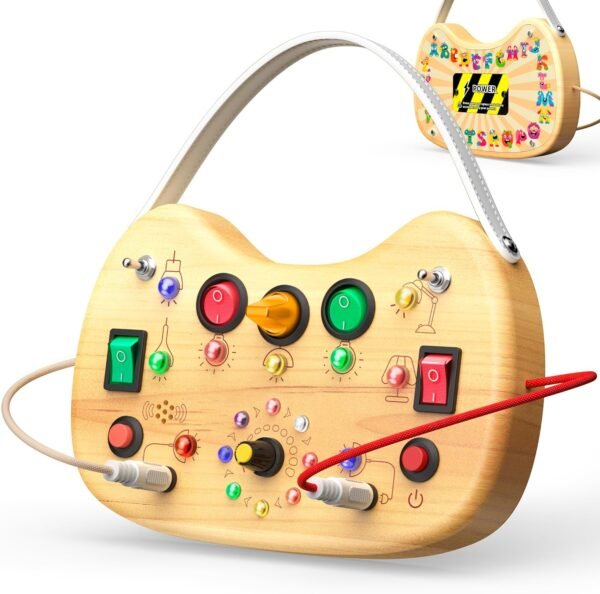 Montessori Wooden Busy Board for Toddlers with LED Light Lights & Switches,Portable Activity Board for Car & Airplane Travel Toys, Christmas & Birthday Gift for 1-3 Year Old Boys & Girls