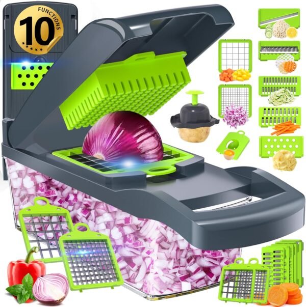 Multifunctional Vegetable Chopper Pro – Putsea 7 Stainless Steel Blades for Onion, Garlic, Fruits – Ergonomic Kitchen Gadget with Container, Easy Clean, Time Saving Food Chopper Cutter and Dicers