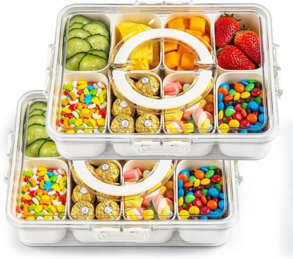 Divided Serving Tray Fresh-keeping Box with Lid&Handle，8 Compartments Snackle Box Charcuterie Container,Snack Box Container for Adults,Travel Snack Tray with Lid for Fruit,Vegetable,Candy,（2 Pack）