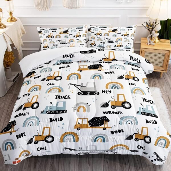 Cartoon Car Boys Comforter Set Construction Vehicles Kids Bedding Set Twin Size 3Pcs Rainbow Excavator Tractor Comforter Duvet Quilt Toddler for All Season