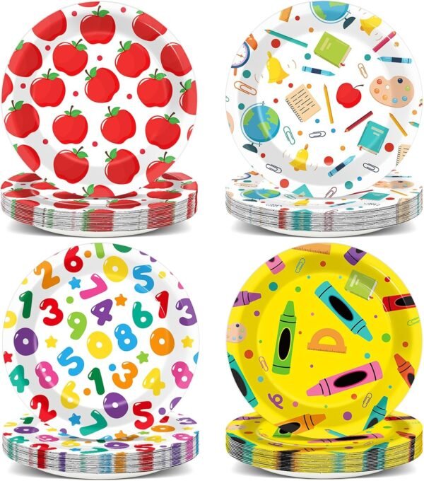 60Pcs Back to School Paper Plates School Theme Apple Number Book Pencil Crayons Disposable Tableware for First and Last Day of School Preschool Kindergarten Graduation Party Supplies Table Decorations
