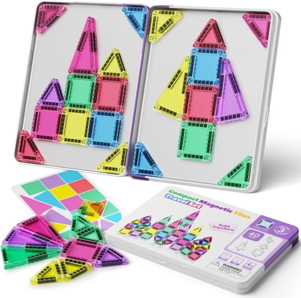 Mini Magnetic Tiles, 40PCS Magnetic Building Blocks with Iron Box, Magnet Toys Travel Size On-The-Go Construction Set STEM Travel Toys for Boys and Girls Ages 3+