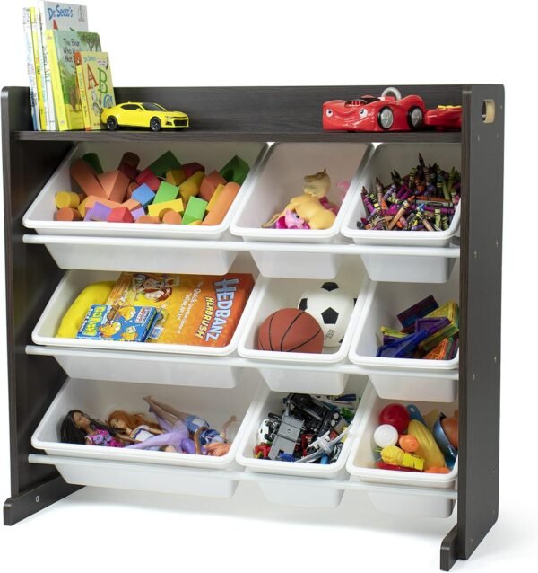 Humble Crew Toy Storage Organizer with Top Shelf and 9 Removable Bins, Espresso/White – Toddler Bookshelf with Toy Organizer - Modern Toy Rack Ideal for Kids' Rooms, Playrooms, and Nurseries