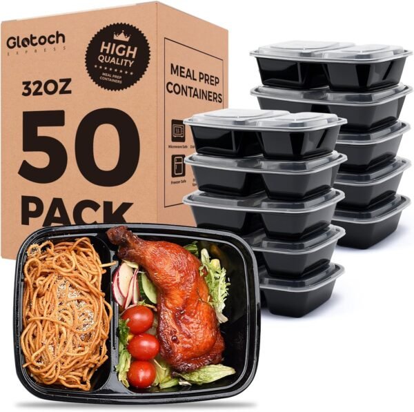 Glotoch 50 Pack 32 oz Meal Prep Containers Reusable, 2 Compartment Food Containers with Lids To Go Containers, Lunch-Microwave,Freezer,Dishwasher Safe