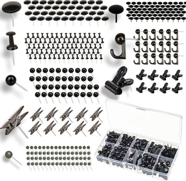 418 Pcs Push Pins Set,8 Types Black Thumb Tacks for Cork Board Bulletin Boards Home Office Accessories