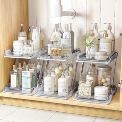 Organizers and Storage -3 Pack Multi-Purpose, 2-Tier Clear Pull Out Organization for Bathroom, Under Sink,Kitchen,Vanity, Countertop, Cabinet, Pantry, Desk& Medicine Cabinet,Z Shape,Grey