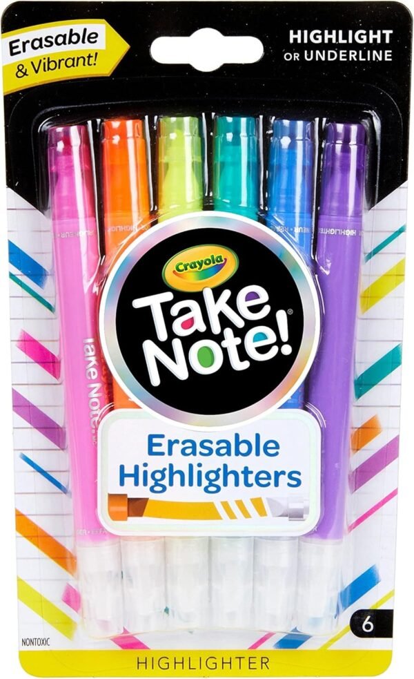 Crayola Take Note Erasable Highlighters (6ct), No Bleed Highlighters, Chisel Tip Markers for School, Back to School Essentials, Must Have Classroom Supplies