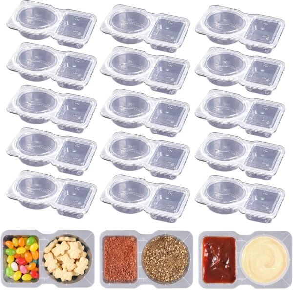 15 Sets Double Compartment Condiment Containers with Lid, Transparent Small Plastic Dipping Containers for Condiments or Dips, Sauce Snack, Salad Dressing, Sampling, Travel Snack