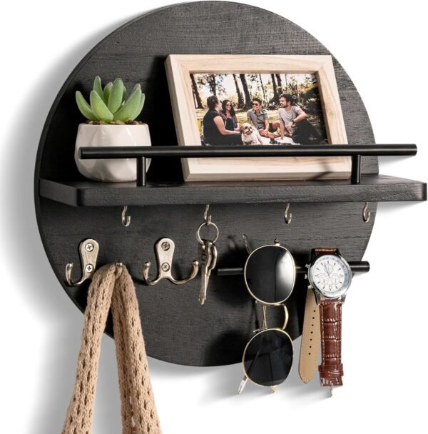 Key Holder for Wall Decorative with Shelf and Hooks, Mail Organizer Wall Mount, Circular Design Entryway Key Rack Hanger, Rustic Home Decor (Black)