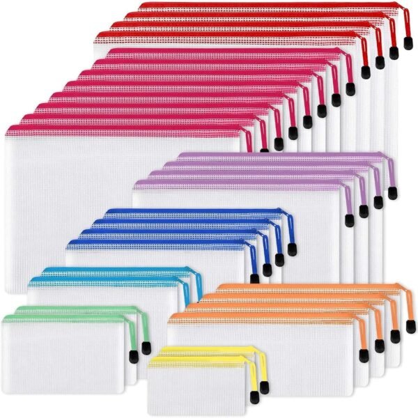 EOOUT 30pcs Mesh Zipper Pouch Bags, 8 Sizes Plastic Bags, 8 Colors Waterproof Pouches with slide fastener for Organization, Multipurpose for Travel, School Supplies, Office and Home Organization