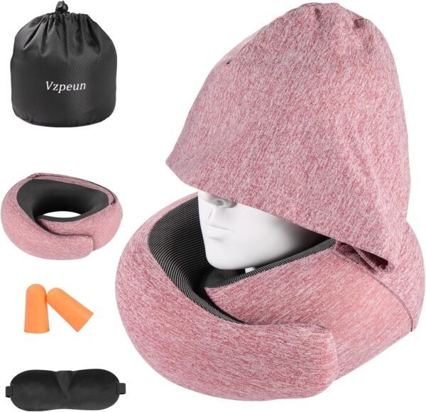 Travel Pillow - Hooded Neck Pillow Airplane, Memory Foam Pillow for Plane, Office, Cars Sleeping, Long Flight Must Haves, Road Trip Essentials Accessories for Adults (Red)