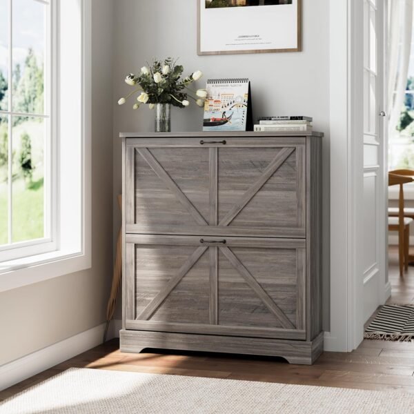 Shoe Storage Cabinet with 2 Flip Drawers, Farmhouse Narrow Shoe Cabinet Storage for Entryway, Slim Shoe Rack Cabinet with Wooden Feet, Gery