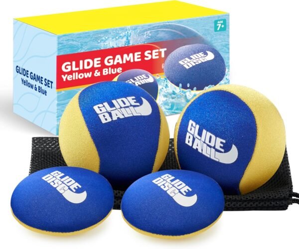 SYNCFUN 4 Pcs Skip Water Balls,Splash Water Bouncing Balls with Mesh Bag, Beach Toys for Kids, Pool Toys for Friends and Family, Fly Swimming Game Adults, Boys,Teens, Great for All Ages (Yellow, Blue)