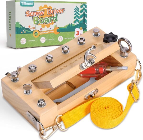 Tilhumt Montessori Screwdriver Board Set - Portable Kids Screwdriver Toy Set with Carry Strap & Storage Box, Nut/Bolt Montessori Learning Tools for Toddlers 3 4 5 Years