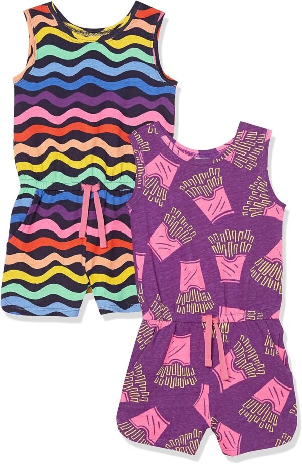 Amazon Essentials Girls and Toddlers' Knit Sleeveless Rompers (Previously Spotted Zebra), Pack of 2