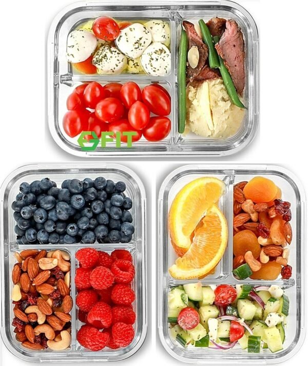 FIT Strong & Healthy Glass Meal Prep Containers 3 Compartment - Bento Box Adult Lunch Containers – Glass Snack Container with Lids, Leak-Proof Cover, Sectioned Storage Container, 32oz, Blue, 3 Pack