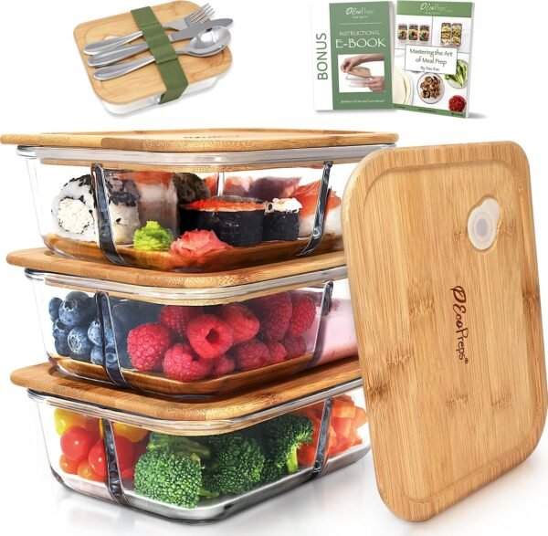 Glass Bento Box Containers with Bamboo Lids, 3 Compartment Glass Meal Prep Containers (3 Pack) - 100% Plastic Free, Eco-Friendly Lunch Container Set, Bamboo Lid Bento Boxes for Adults