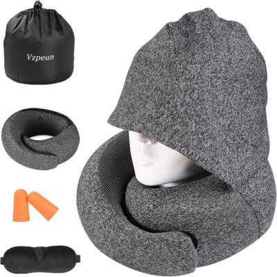 Travel Pillow - Hooded Neck Pillow Airplane, Memory Foam Pillow for Plane, Office, Cars Sleeping, Long Flight Must Haves, Road Trip Essentials Accessories for Adults (Dark Gray)