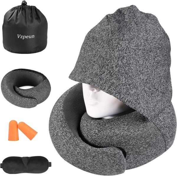 Travel Pillow - Hooded Neck Pillow Airplane, Memory Foam Pillow for Plane, Office, Cars Sleeping, Long Flight Must Haves, Road Trip Essentials Accessories for Adults (Dark Gray)